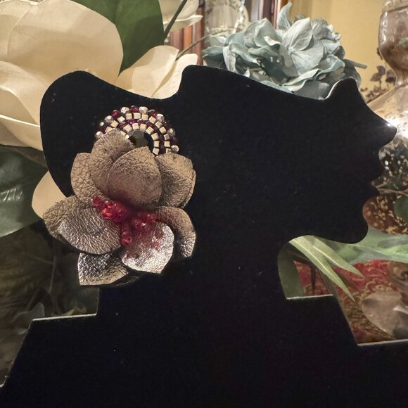 Farah Abu Statement Floral Earrings with Leather Petals and Bead Accents - Picture 4 of 4
